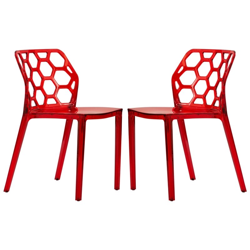 LeisureMod Dynamic Plastic Dining Side Chair Honeycomb Design in Red Set of 2