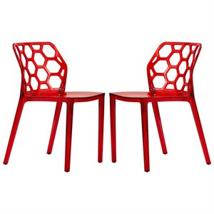 LeisureMod Dynamic Plastic Dining Side Chair Honeycomb Design in Red Set of 2