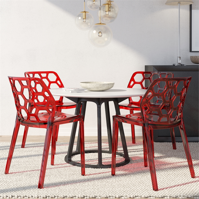 LeisureMod Dynamic Plastic Dining Side Chair Honeycomb Design in Red Set of 4