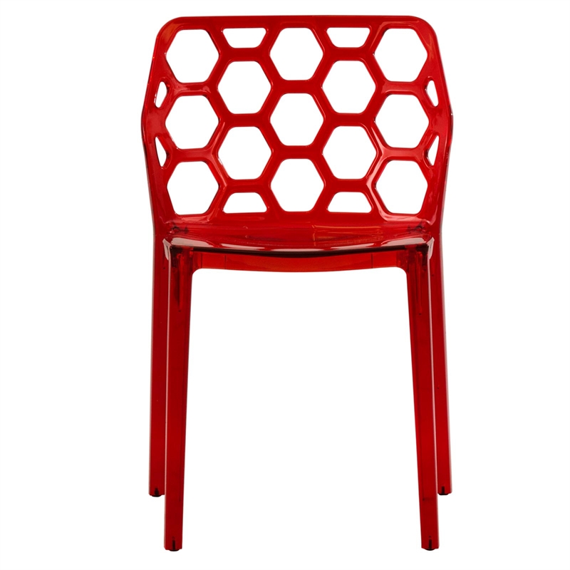 LeisureMod Dynamic Plastic Dining Side Chair Honeycomb Design in Red Set of 4