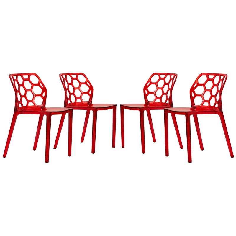 LeisureMod Dynamic Plastic Dining Side Chair Honeycomb Design in Red Set of 4
