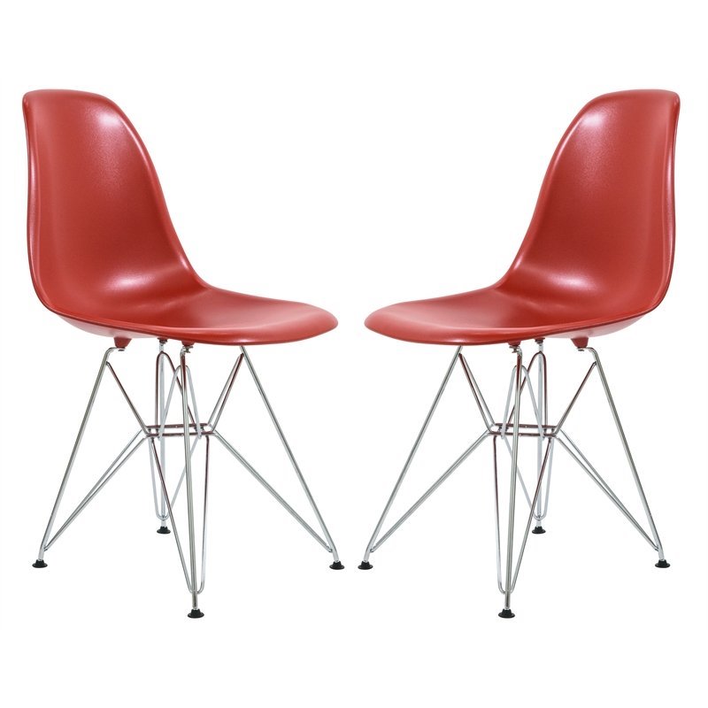 LeisureMod Cresco Modern Eiffel Base Dining Side Chair in Solid Red Set of 2