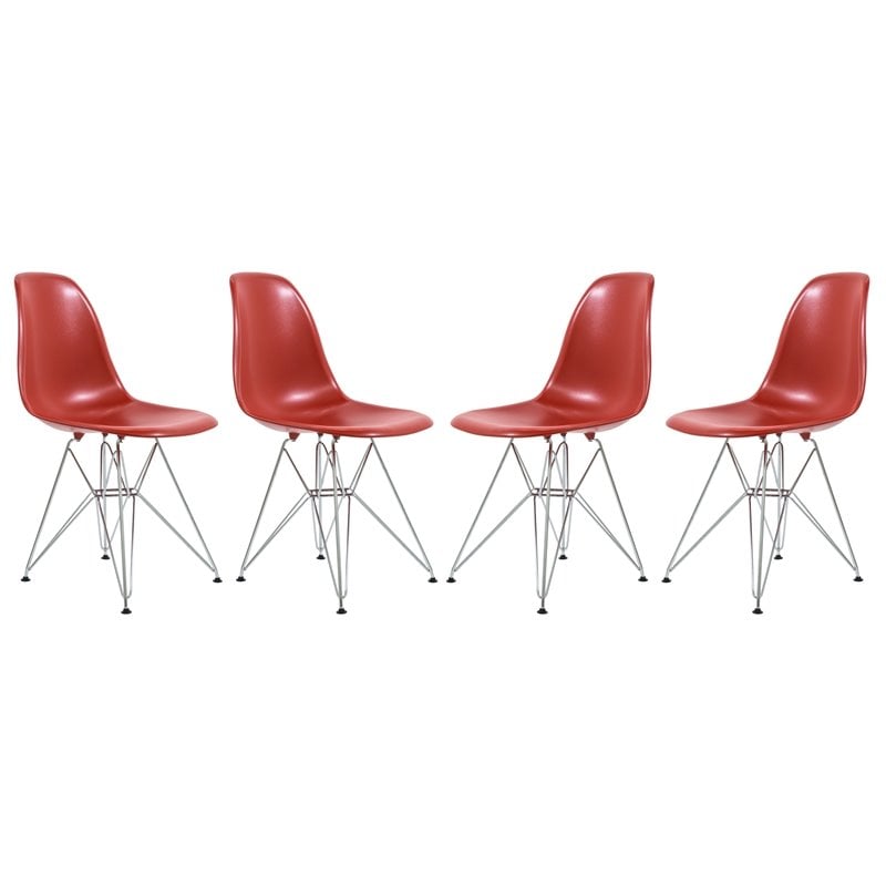 LeisureMod Cresco Modern Eiffel Base Dining Side Chair in Solid Red Set of 4
