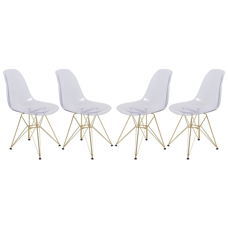 LeisureMod Cresco Plastic Dining Chair with Gold Base Set of 4 Clear