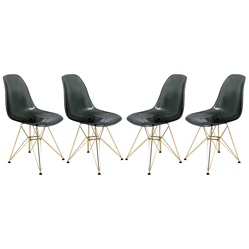 LeisureMod Cresco Plastic Dining Chair with Gold Base Set of 4 Transparent Black