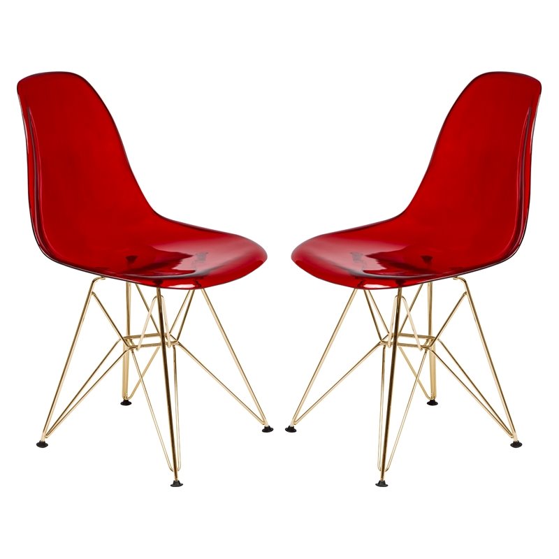 LeisureMod Cresco Modern Gold Eiffel Base Dining Side Chair in Red Set of 2