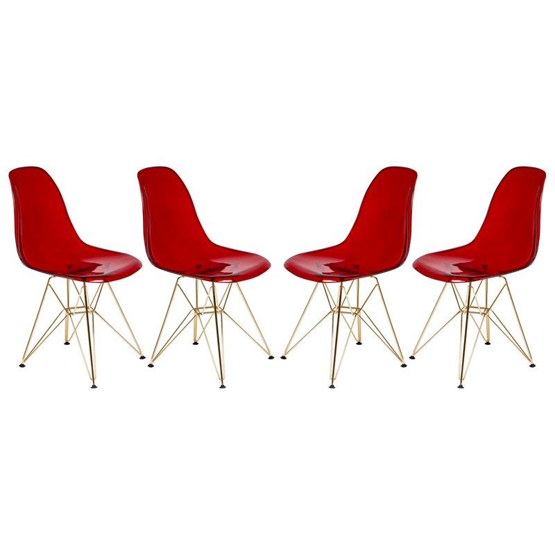 LeisureMod Cresco Plastic Dining Chair with Gold Base Set of 4 Transparent Red