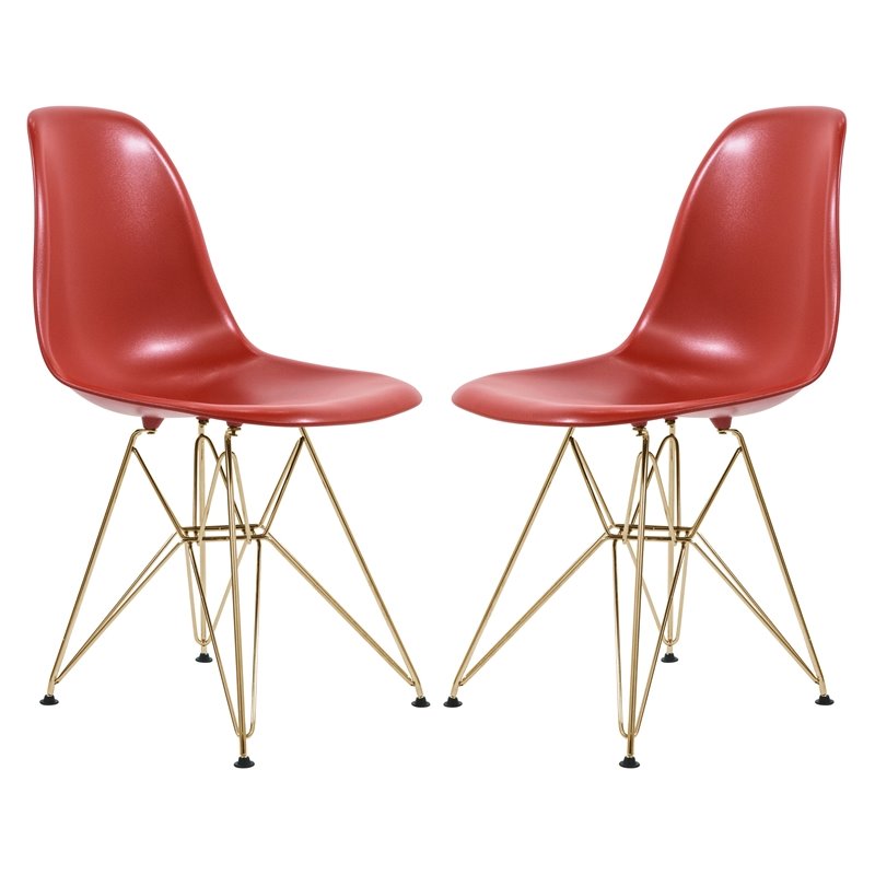 LeisureMod Cresco Modern Gold Eiffel Base Dining Side Chair Solid Red Set of 2