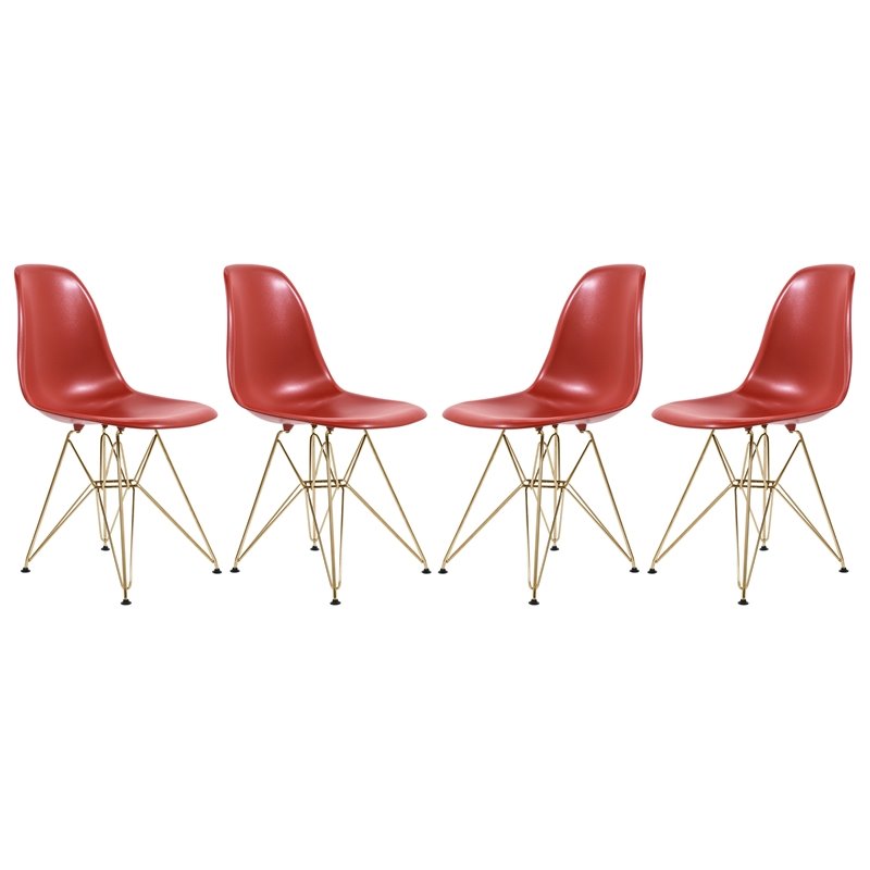 LeisureMod Cresco Modern Gold Eiffel Base Dining Side Chair Solid Red Set of 4