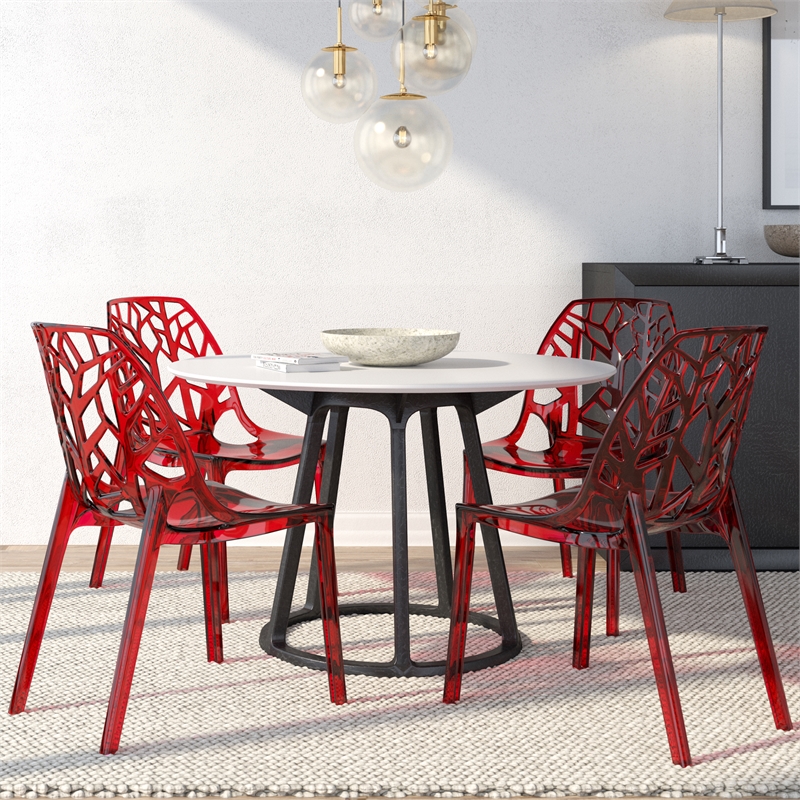 LeisureMod Cornelia Modern Plastic Dining Side Chair in Red (Set of 4)