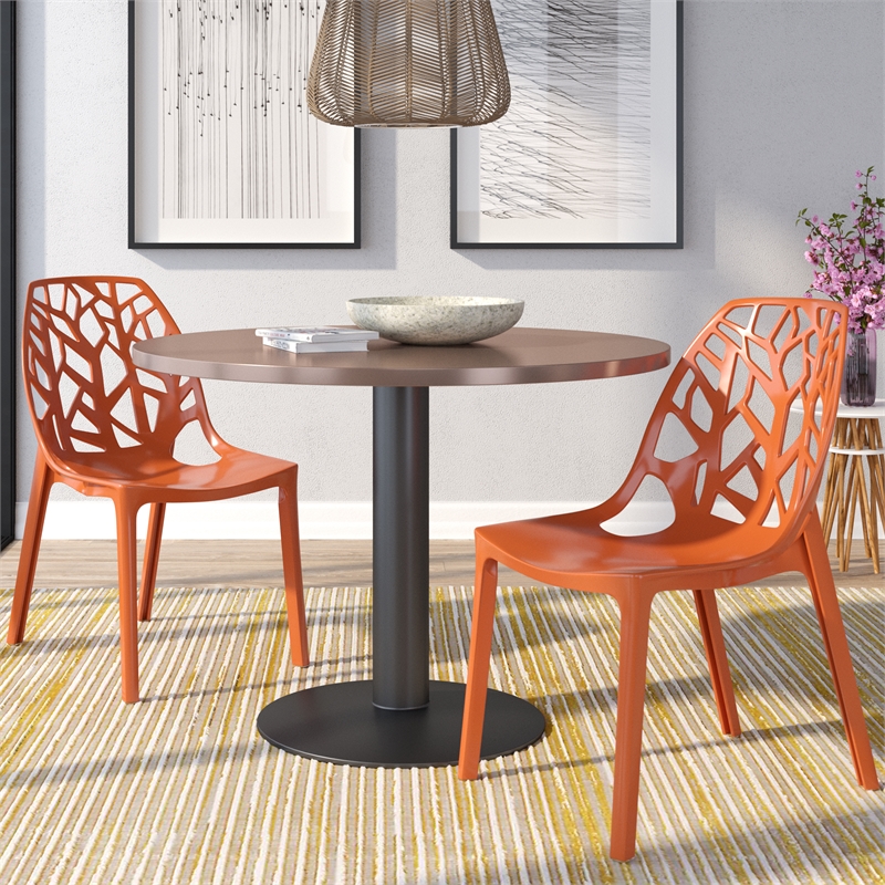 LeisureMod Cornelia Modern Plastic Dining Side Chair in Solid Orange Set of 2