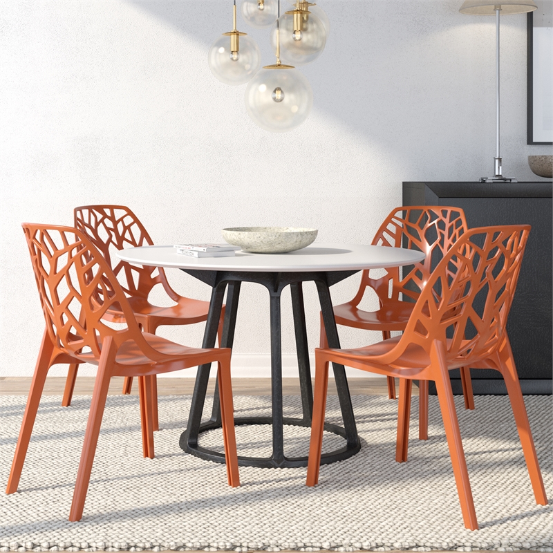 LeisureMod Cornelia Modern Plastic Dining Side Chair in Solid Orange Set of 4