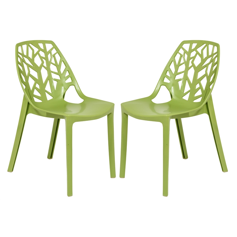 LeisureMod Cornelia Modern Plastic Dining Side Chair in Solid Green Set of 2