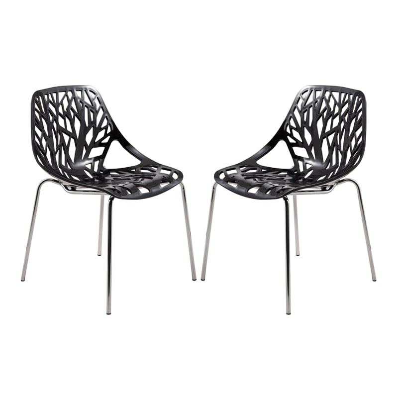 LeisureMod - Asbury Set of 2 Modern Stackable Dining Chair with Chrome Steel Legs and Cut Out Design for Indoor Outdoor - Black - Thumbnail 4