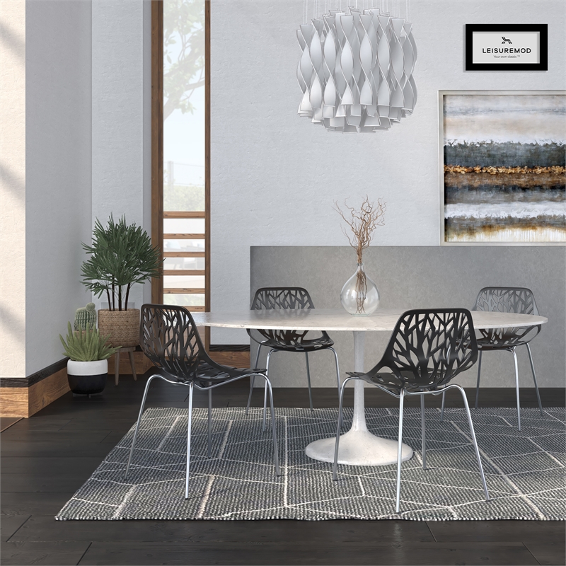 LeisureMod Modern Asbury Dining Side Chair With Chromed Legs in Black Set of 4