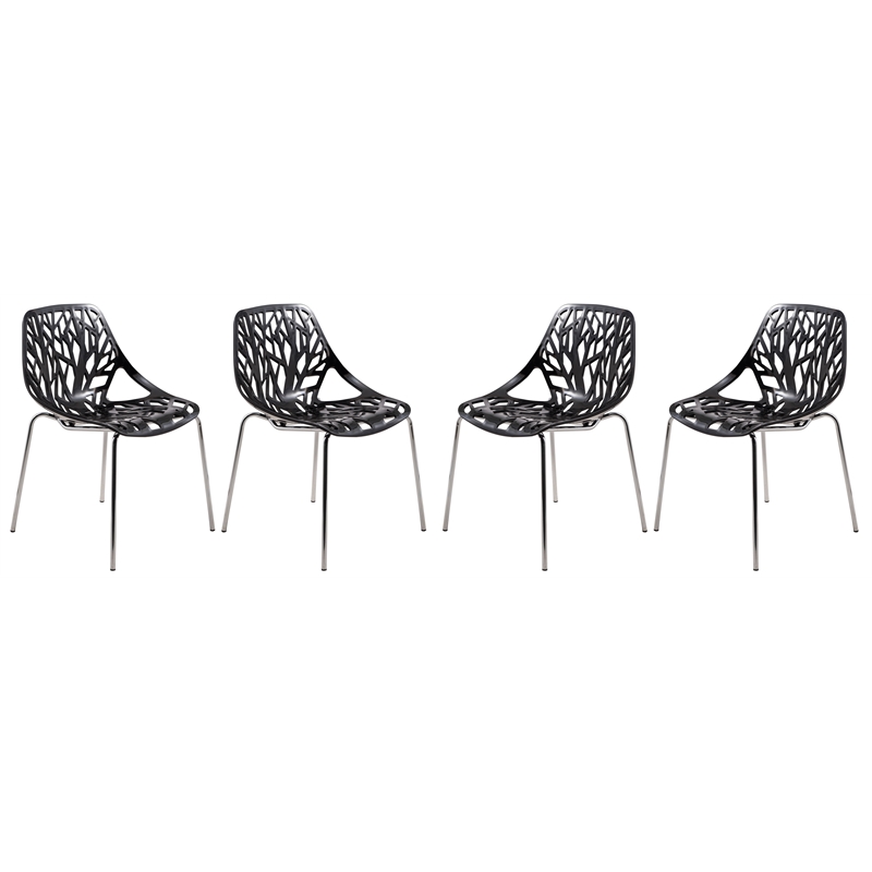 LeisureMod Modern Asbury Dining Side Chair With Chromed Legs in Black Set of 4