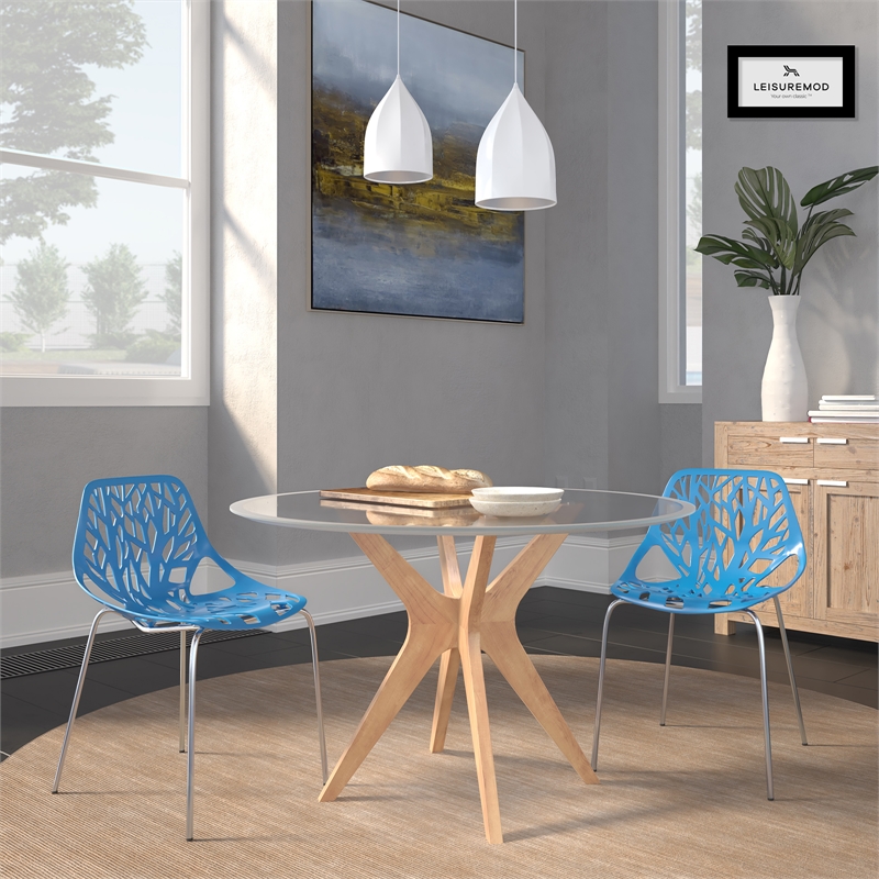 LeisureMod Modern Asbury Dining Side Chair With Chromed Legs in Blue Set of 2