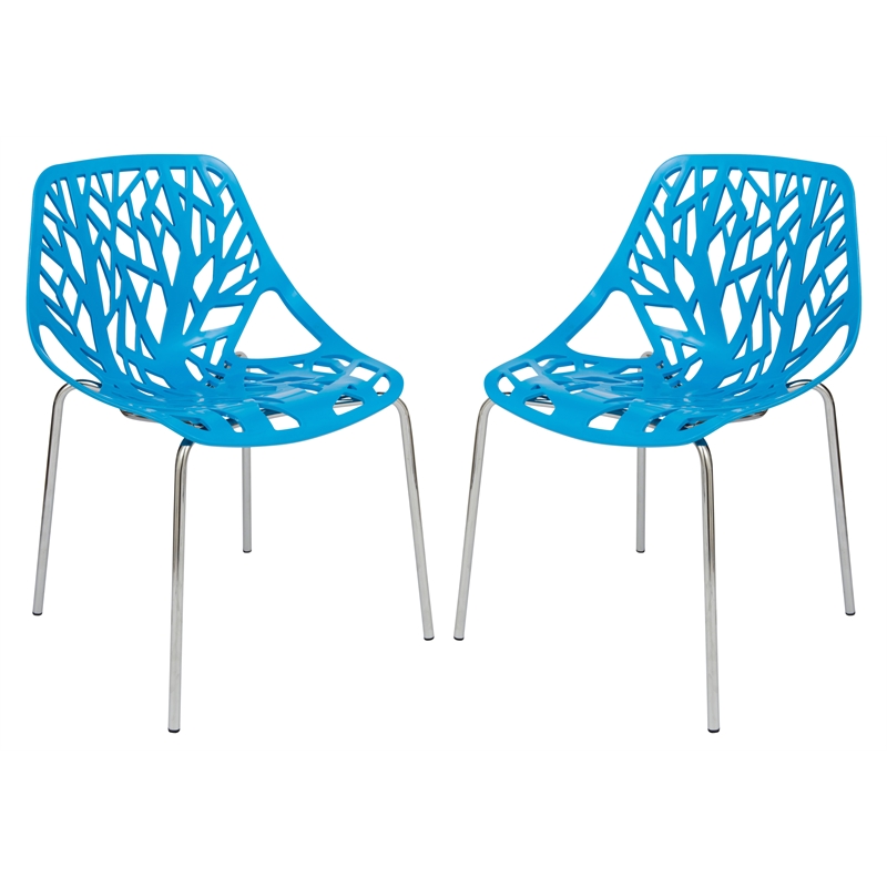 LeisureMod Modern Asbury Dining Side Chair With Chromed Legs in Blue Set of 2