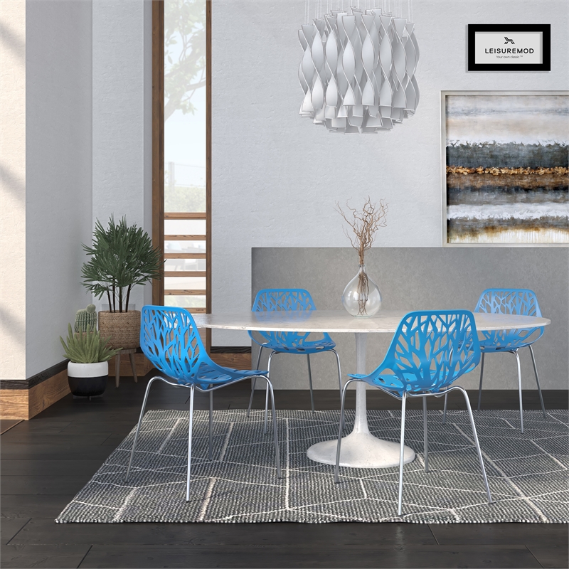 LeisureMod Modern Asbury Dining Side Chair With Chromed Legs in Blue Set of 4
