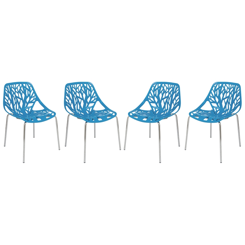 LeisureMod Modern Asbury Dining Side Chair With Chromed Legs in Blue Set of 4