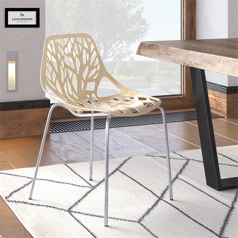 LeisureMod Modern Asbury Dining Side Chair With Chromed Legs in Cream