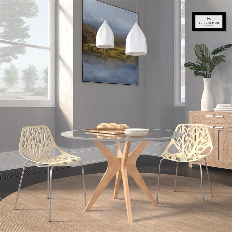 LeisureMod Modern Asbury Dining Side Chair With Chromed Legs in Cream Set of 2