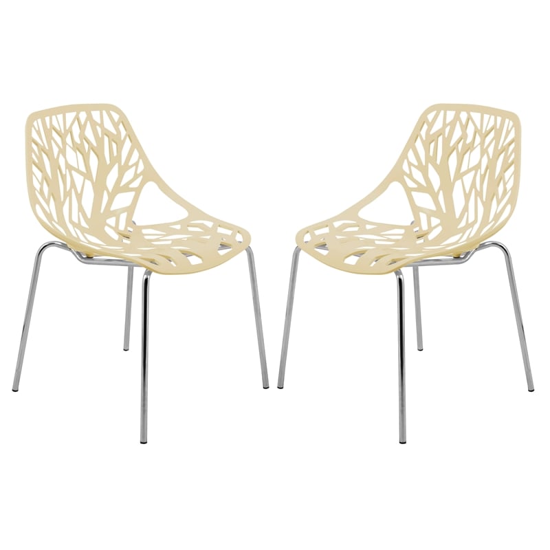 LeisureMod Modern Asbury Dining Side Chair With Chromed Legs in Cream Set of 2