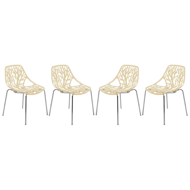 LeisureMod Modern Asbury Dining Side Chair With Chromed Legs in Cream Set of 4