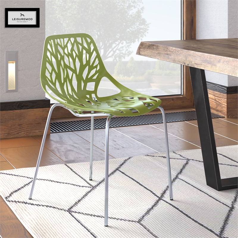 LeisureMod Modern Asbury Dining Side Chair With Chromed Legs in Green