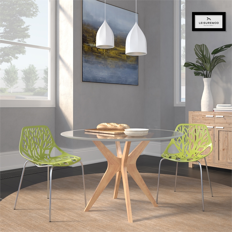 LeisureMod Modern Asbury Dining Side Chair With Chromed Legs in Green Set of 2