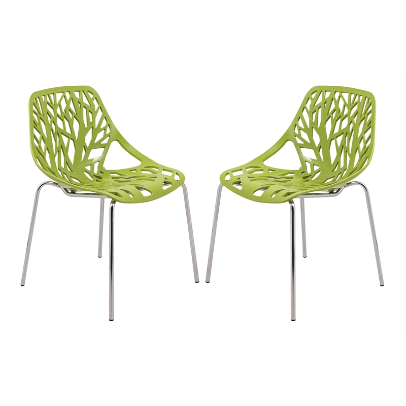 LeisureMod Modern Asbury Dining Side Chair With Chromed Legs in Green Set of 2