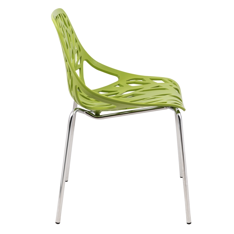 LeisureMod Modern Asbury Dining Side Chair With Chromed Legs in Green Set of 4