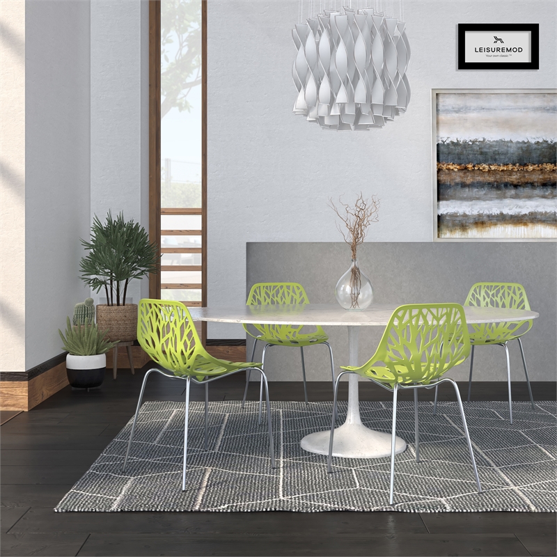 LeisureMod Modern Asbury Dining Side Chair With Chromed Legs in Green Set of 4