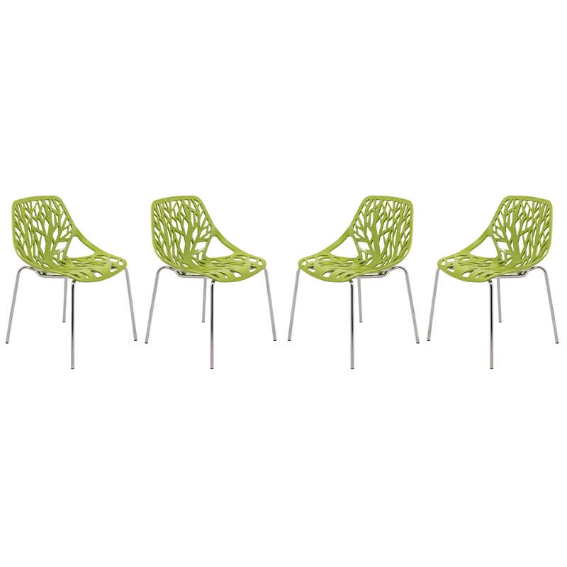 LeisureMod Modern Asbury Dining Side Chair With Chromed Legs in Green Set of 4