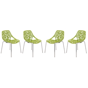 LeisureMod Modern Asbury Dining Side Chair With Chromed Legs in Green Set of 4