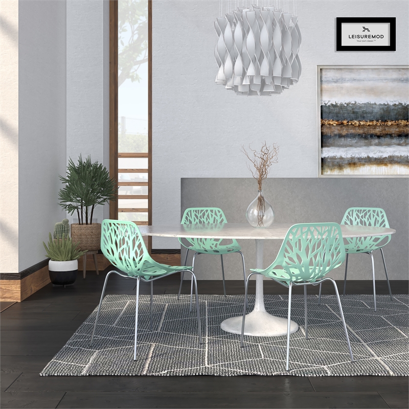 LeisureMod Modern Asbury Dining Side Chair With Chromed Legs in Mint Set of 4
