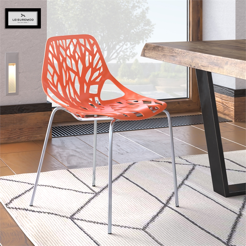 LeisureMod Modern Asbury Dining Side Chair With Chromed Legs in Orange