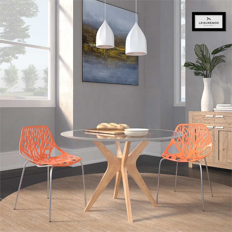 LeisureMod Modern Asbury Dining Side Chair With Chromed Legs in Orange Set of 2
