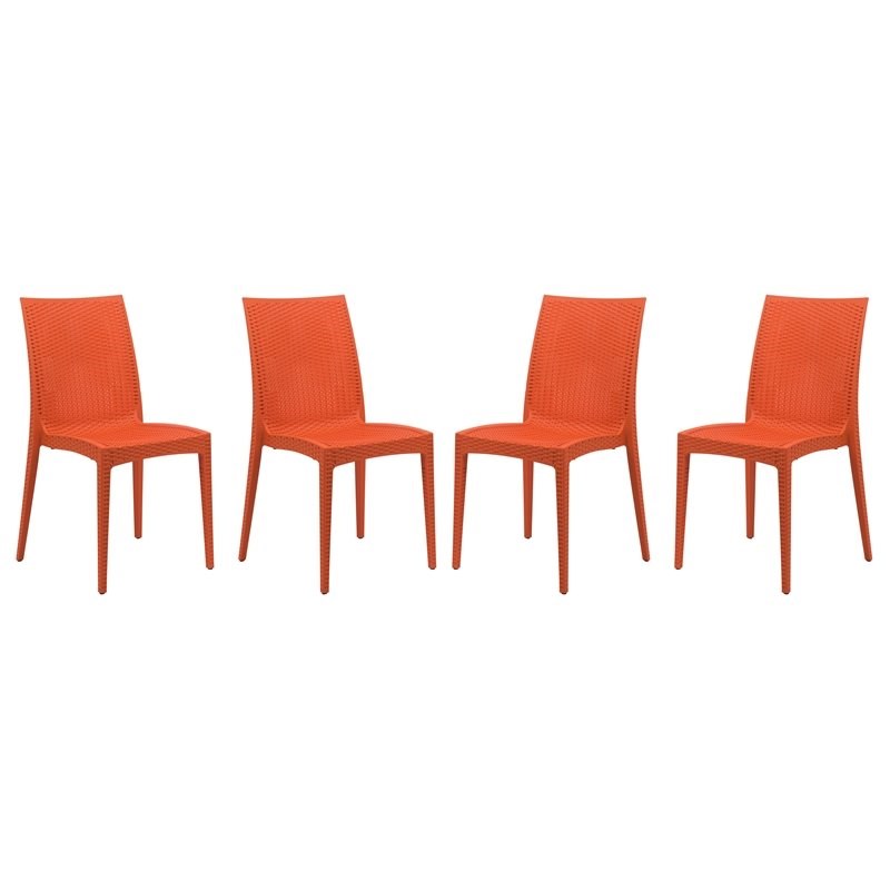 LeisureMod Modern Weave Mace Indoor Outdoor Dining Chair in Orange Set of 4