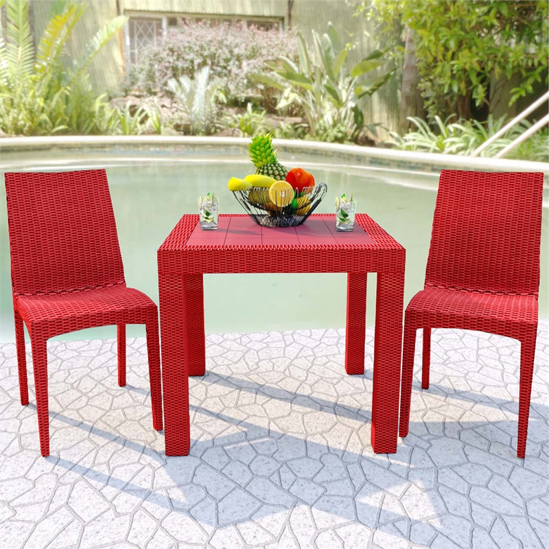LeisureMod Modern Weave Mace Indoor Outdoor Dining Chair in Red