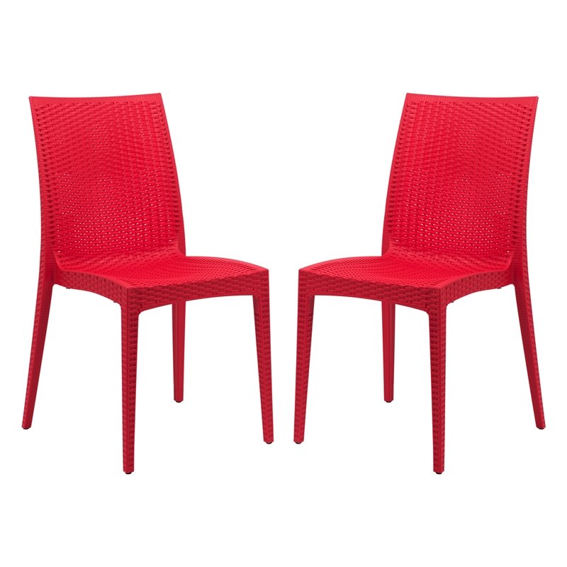 LeisureMod Modern Weave Mace Indoor Outdoor Dining Chair in Red Set of 2
