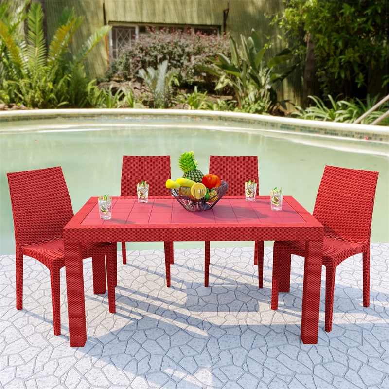 LeisureMod Modern Weave Mace Indoor Outdoor Dining Chair in Red Set of 4