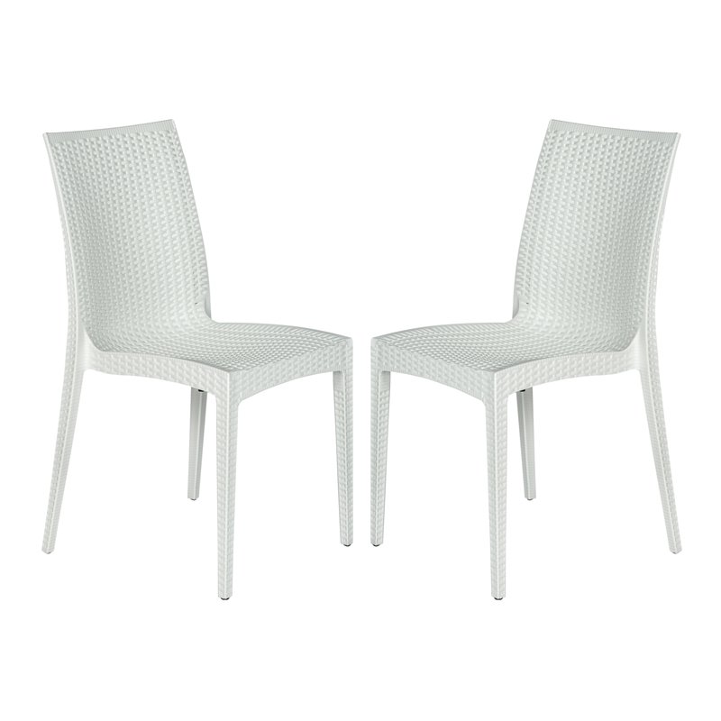 LeisureMod Modern Weave Mace Indoor Outdoor Dining Chair in White Set of 2