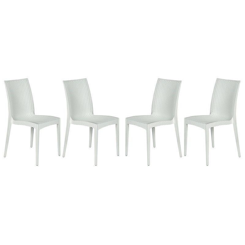 LeisureMod Modern Weave Mace Indoor Outdoor Dining Chair in White Set of 4