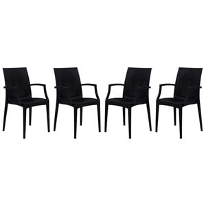 LeisureMod Modern Weave Mace Indoor Outdoor Dining Armchair in Black Set of 4
