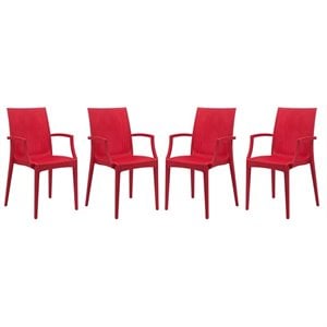 LeisureMod Modern Weave Mace Indoor Outdoor Dining Armchair in Red Set of 4
