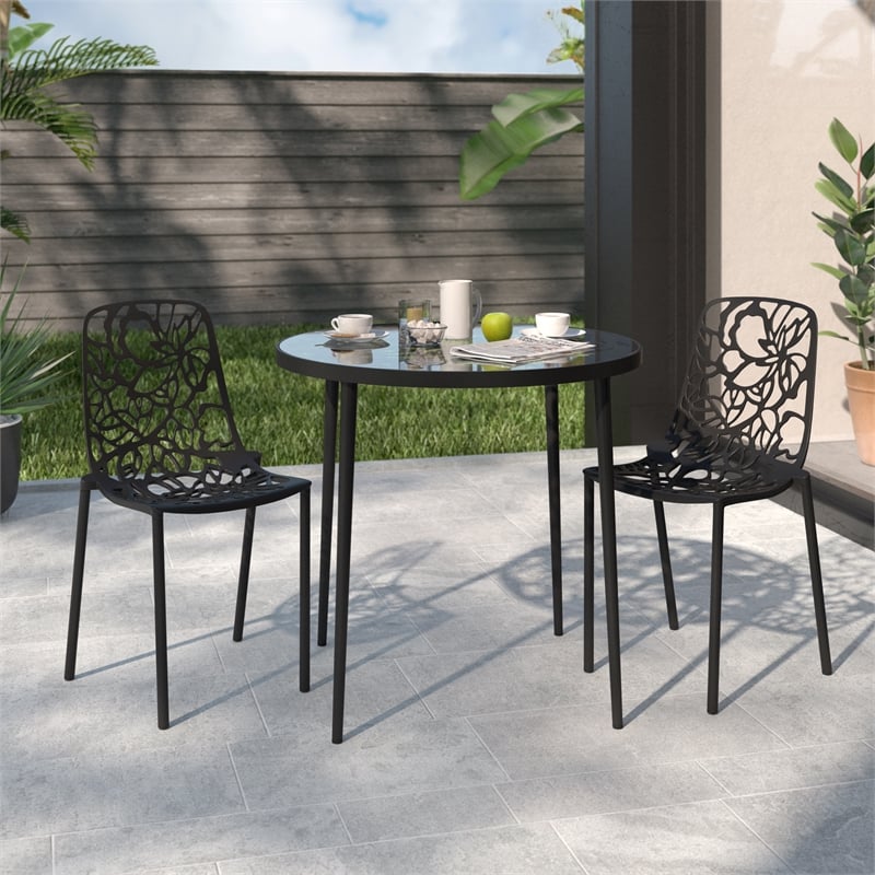 LeisureMod Devon Modern Indoor Outdoor Aluminum Dining Chair in Black Set of 2