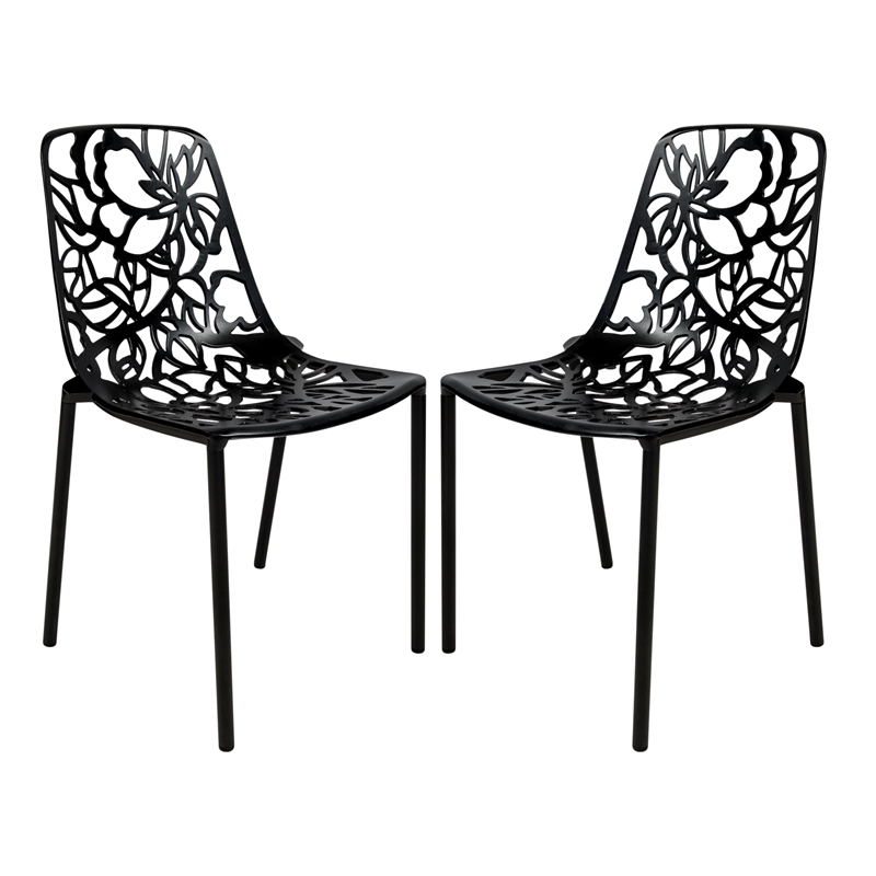 LeisureMod Devon Modern Indoor Outdoor Aluminum Dining Chair in Black Set of 2