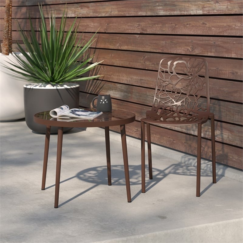 LeisureMod Devon Modern Indoor Outdoor Aluminum Dining Chair in Brown