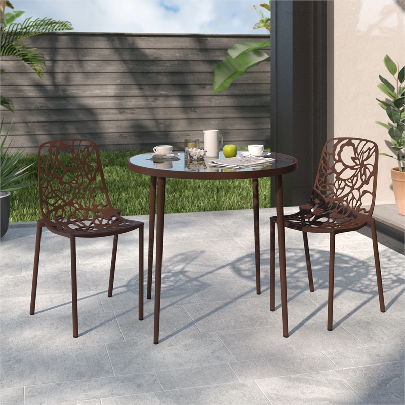 LeisureMod Devon Modern Indoor Outdoor Aluminum Dining Chair in Brown Set of 2